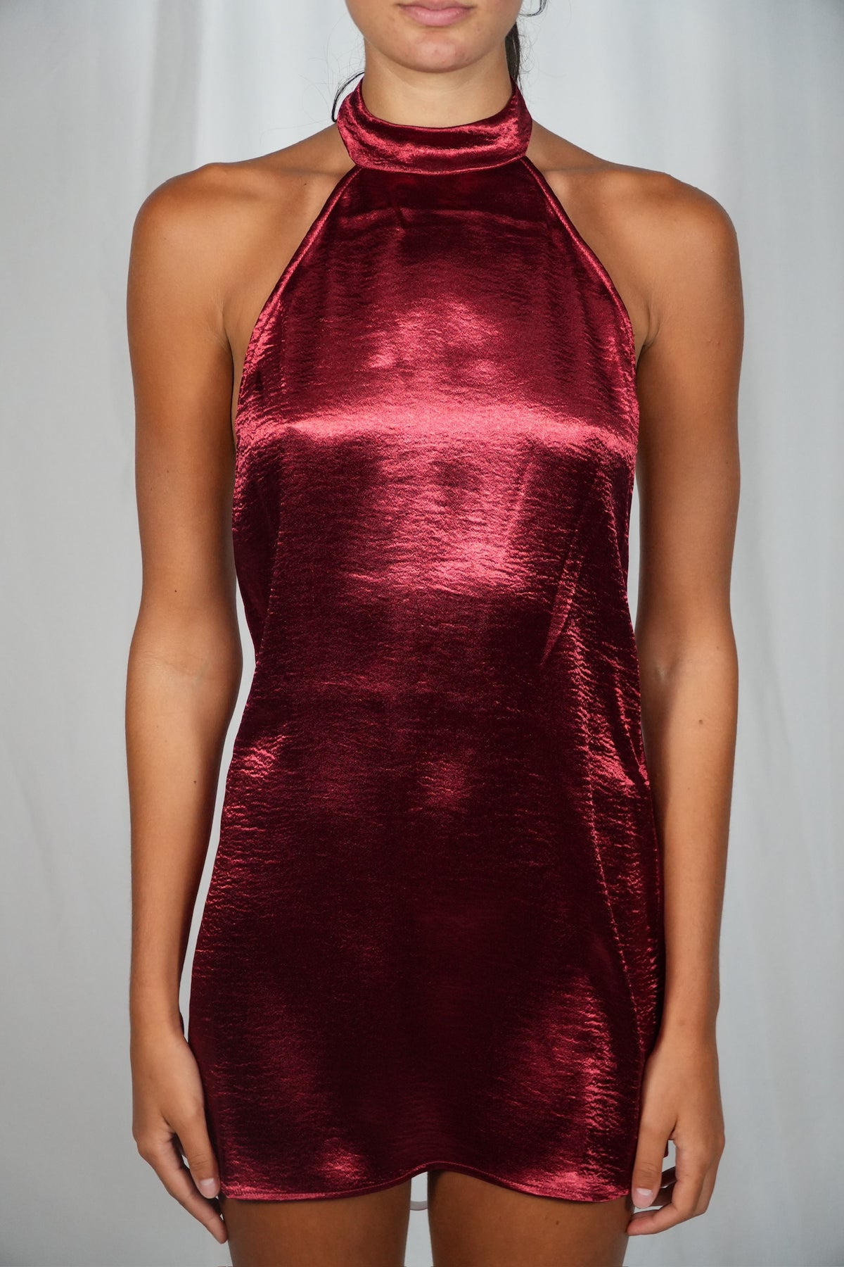 Satin Halter Shift Dress in Maroon