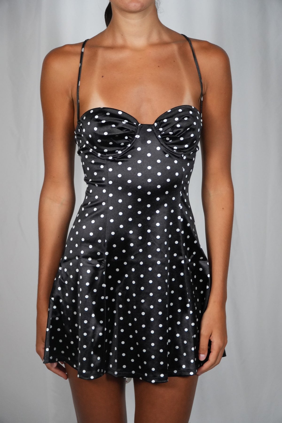 Polka Dot Satin Fit and Flare Dress in Black