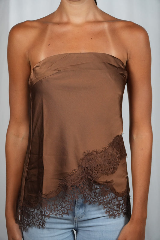 Satin Asymmetrical Lace Hem Tube Top