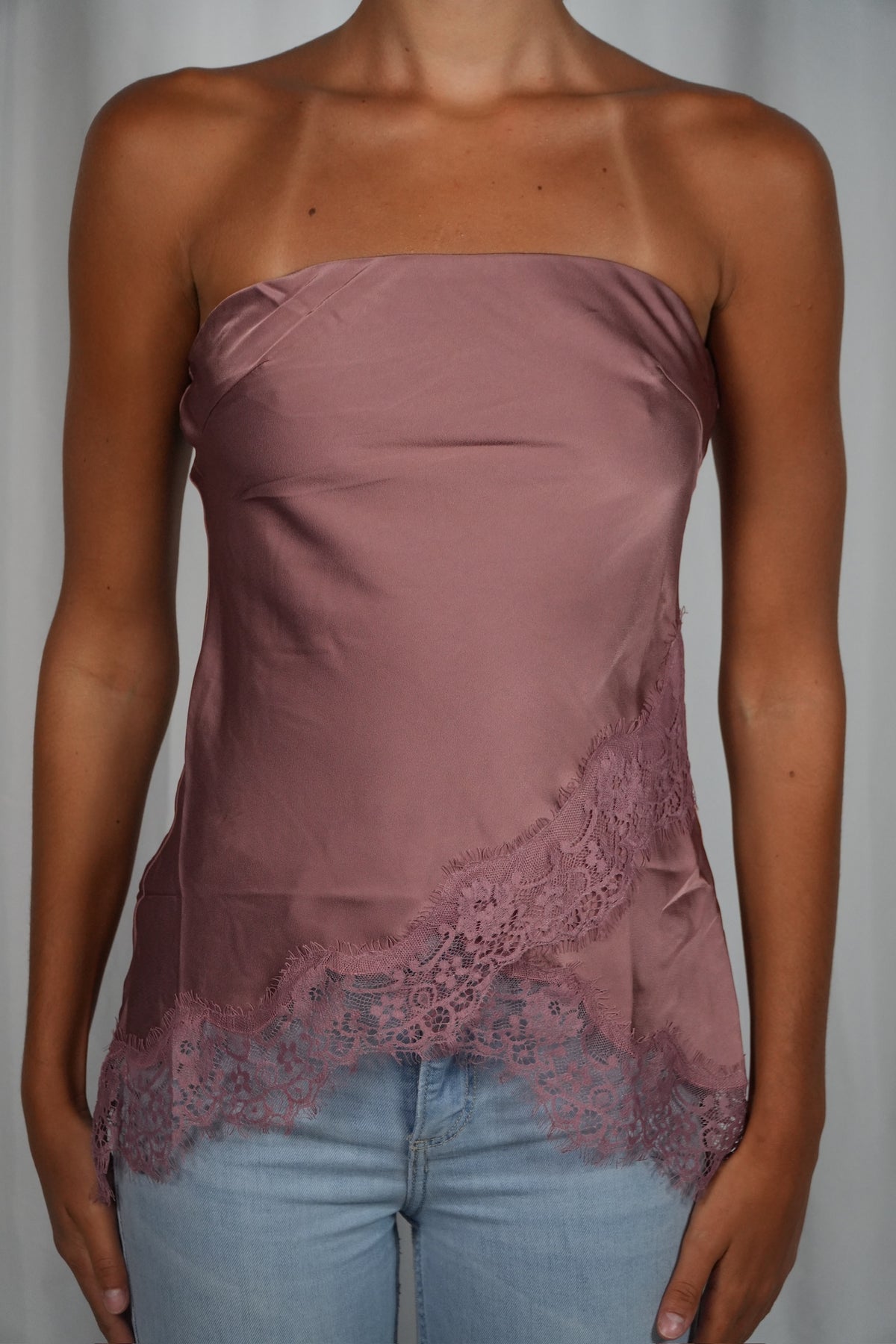 Satin Asymmetrical Lace Hem Tube Top