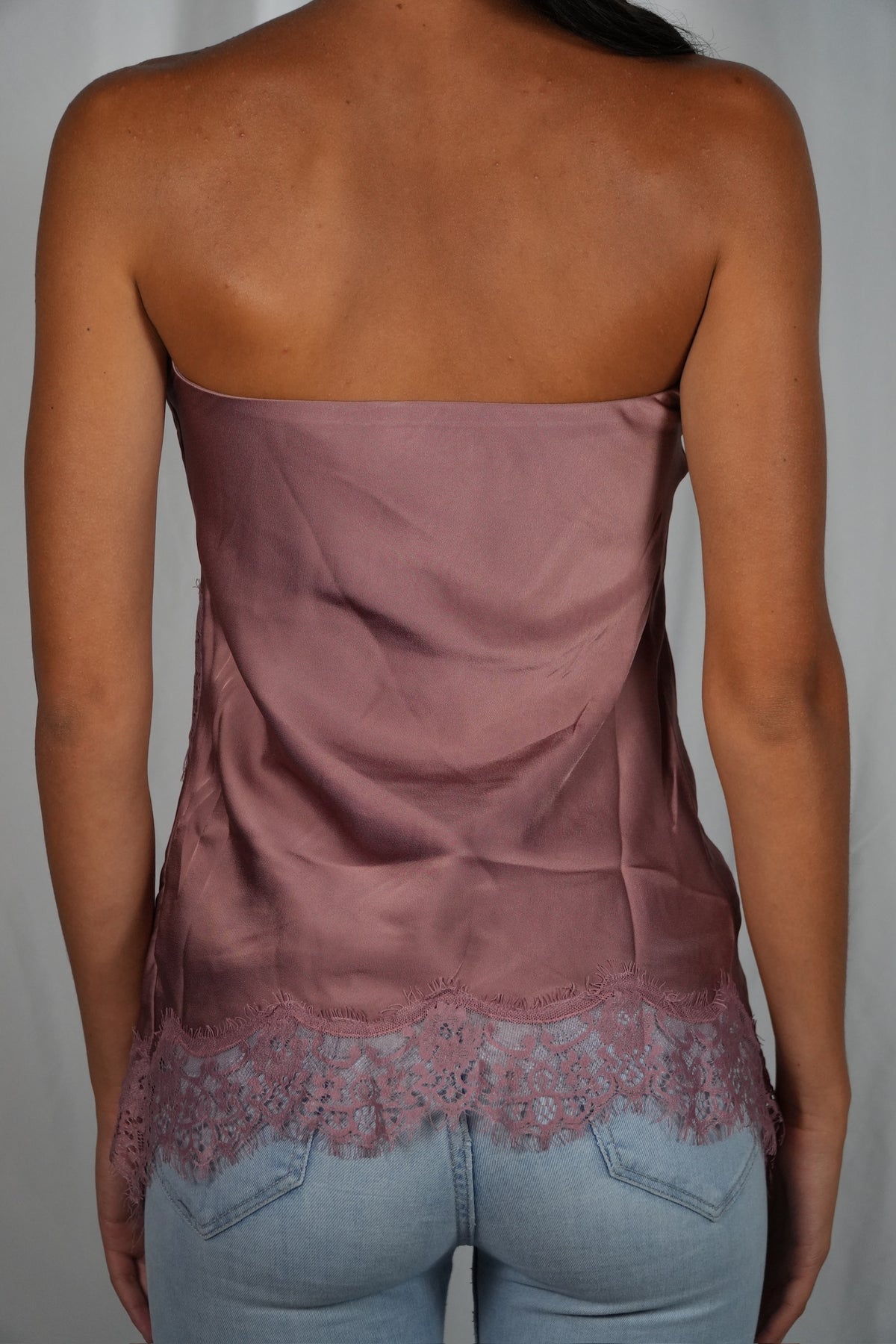 Satin Asymmetrical Lace Hem Tube Top